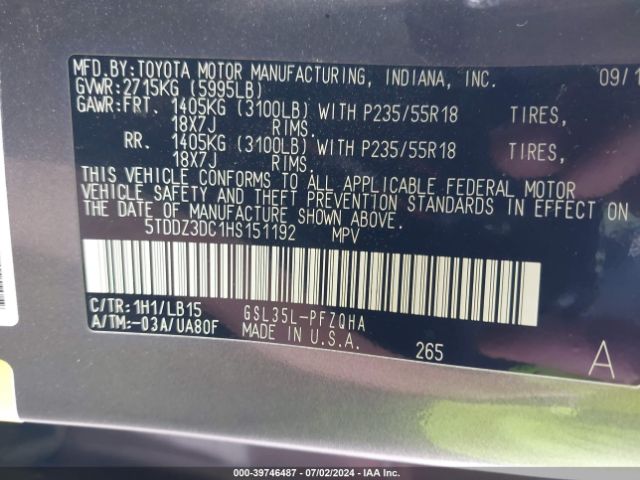 5TDDZ3DC1HS151192 Toyota Sienna Limited Premium 7 Passenger