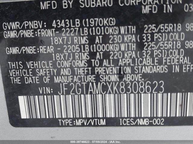 JF2GTAMCXK8308623 Subaru Crosstrek 2.0i Limited