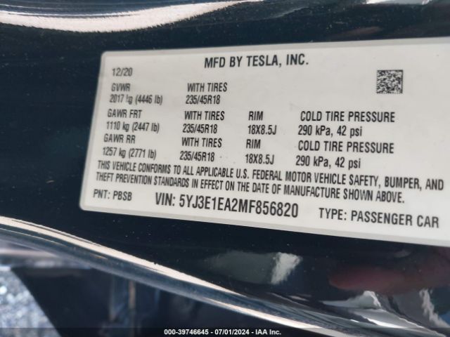 5YJ3E1EA2MF856820 Tesla Model 3 Standard Range Plus Rear-wheel Drive
