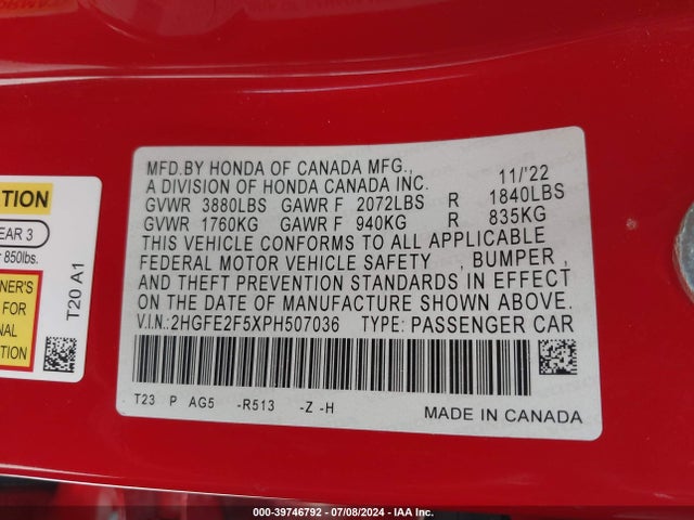 Honda Civic Sport 2023 2HGFE2F5XPH507036 Image 9