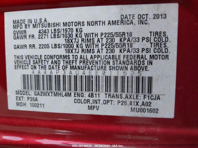4A4AP3AU4EE011525 Mitsubishi Outlander Sport Es