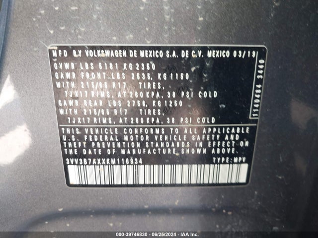 3VV3B7AXXKM116934 Volkswagen Tiguan 2.0t Se/2.0t Sel/2.0t Sel R-line/2.0t Sel R-line Black