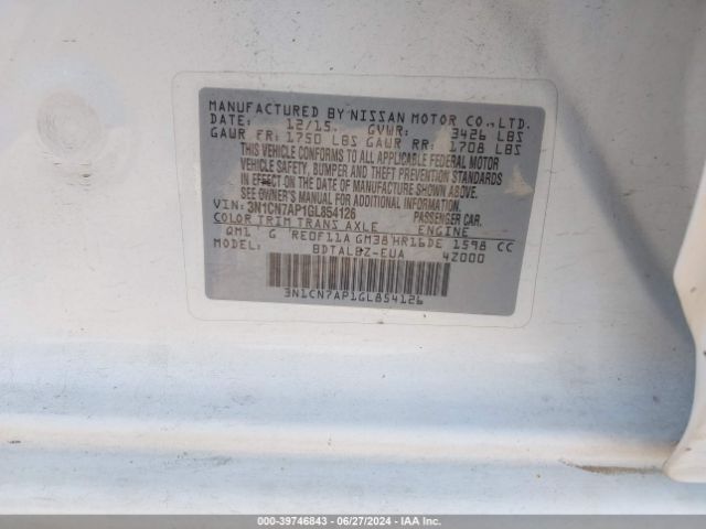 3N1CN7AP1GL854126 Nissan Versa 1.6 S/1.6 S+/1.6 Sl/1.6 Sv