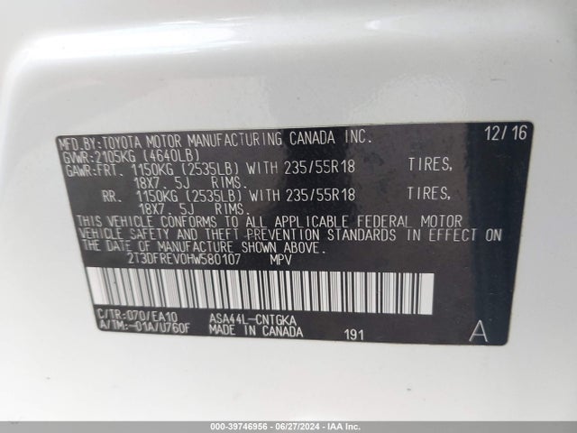 2T3DFREV0HW580107 Toyota Rav4 Platinum