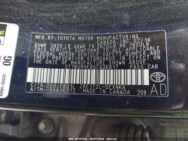 Toyota COROLLA LE 2016 2T1BURHE8GC626817 Image 9