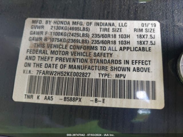 7FARW2H52KE002827 Honda CR-V EX