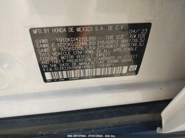3CZRZ2H39PM744012 Honda Hr-v Awd Lx