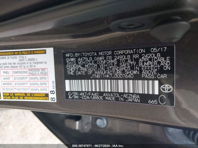 JTNB11HK7J3007640 Toyota CAMRY LE