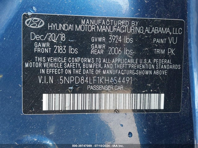 Hyundai ELANTRA SEL 2019 5NPD84LF1KH454491 Image 9