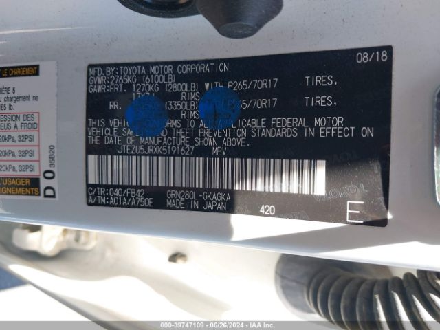 JTEZU5JRXK5191627 Toyota 4RUNNER SR5