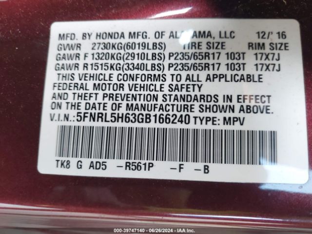 5FNRL5H63GB166240 Honda Odyssey Ex-l