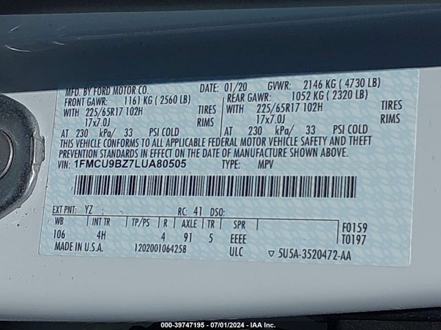 1FMCU9BZ7LUA80505 Ford Escape Se Sport Hybrid