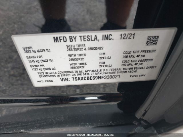 7SAXCBE69NF330021 Tesla Model X Plaid Tri Motor All-wheel Drive