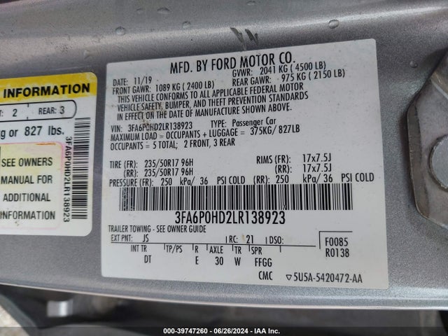 Ford FUSION SE 2020 3FA6P0HD2LR138923 Image 9