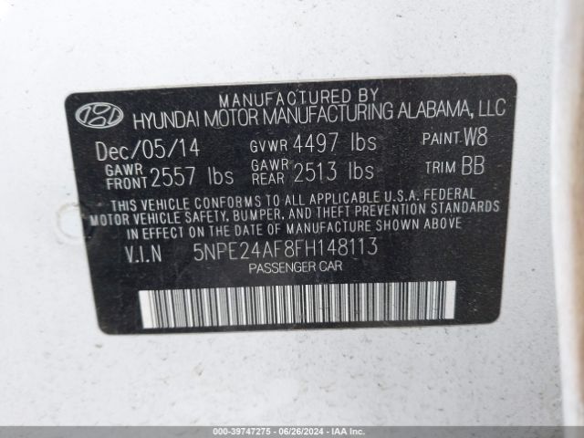 5NPE24AF8FH148113 Hyundai SONATA SE