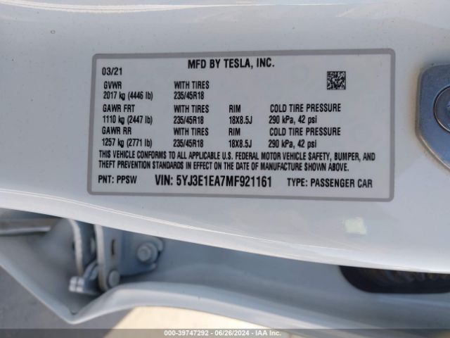 5YJ3E1EA7MF921161 Tesla Model 3 Standard Range Plus Rear-wheel Drive