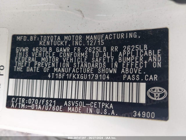 Toyota CAMRY SE 2016 4T1BF1FKXGU179104 Image 9