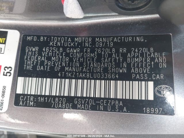 4T1KZ1AK8LU033664 Toyota Camry Xse V6