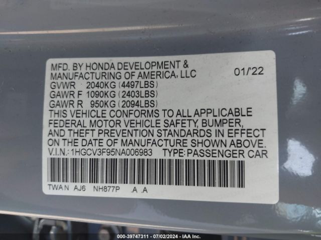 1HGCV3F95NA006983 Honda Accord Hybrid Touring