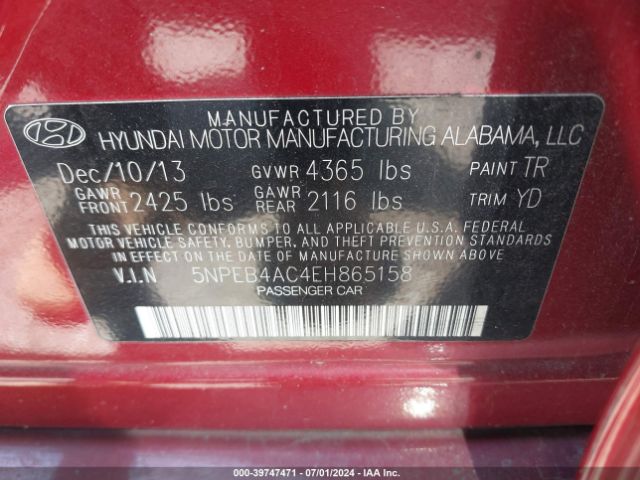 5NPEB4AC4EH865158 Hyundai SONATA GLS