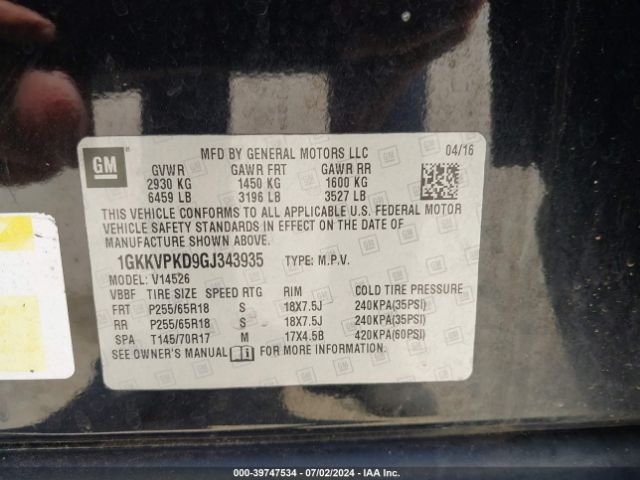 1GKKVPKD9GJ343935 GMC Acadia Sle-2
