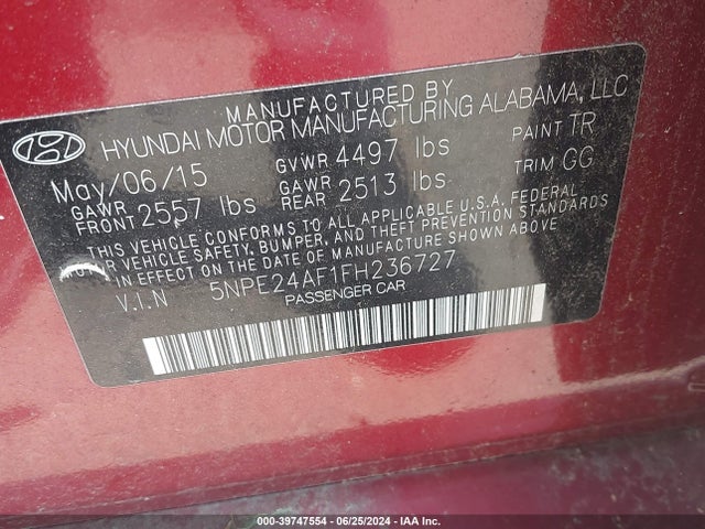Hyundai SONATA SE 2015 5NPE24AF1FH236727 Image 9