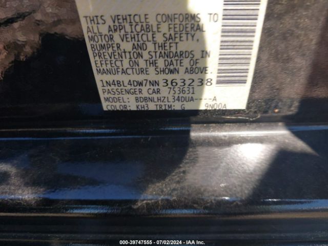 1N4BL4DW7NN363238 Nissan Altima Sv Intelligent Awd