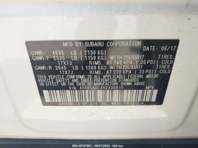 4S4BSADC4H3438815 Subaru Outback 2.5i Premium