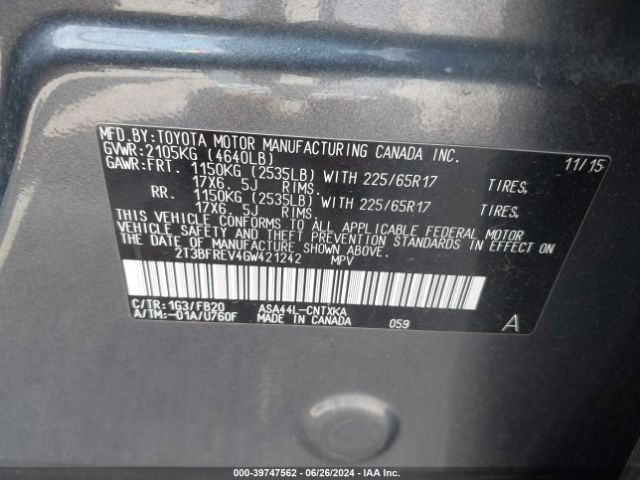 2T3BFREV4GW421242 Toyota RAV4 LE