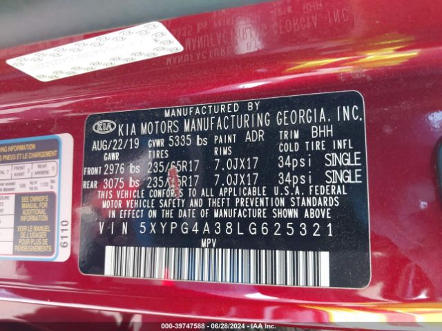 5XYPG4A38LG625321 KIA Sorento 2.4l Lx