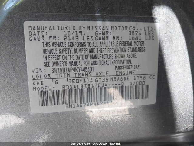 Nissan SENTRA S 2019 3N1AB7AP4KY445601 Image 9