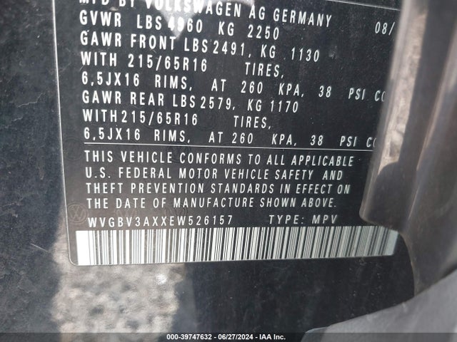 WVGBV3AXXEW526157 Volkswagen TIGUAN S