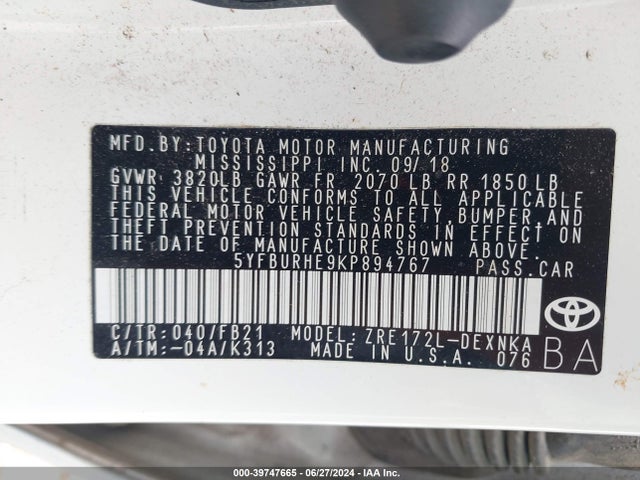 Toyota COROLLA LE 2019 5YFBURHE9KP894767 Image 9