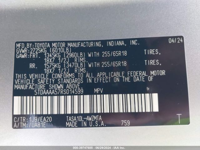 5TDAAAA57RS014599 Toyota Grand Highlander Xle