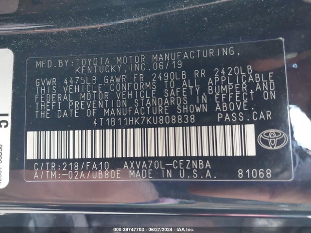 Toyota CAMRY LE 2019 4T1B11HK7KU808838 Image 9
