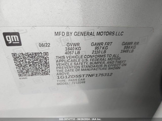 Aukcja sprzedaży 2022 Chevrolet Malibu Fwd Lt, vin: 1G1ZD5ST7NF175312, numer aukcji: 39747733
