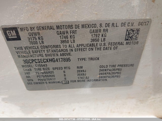 Chevrolet Silverado 1500 1lz 2017 3GCPCSECXHG417895 Image 9