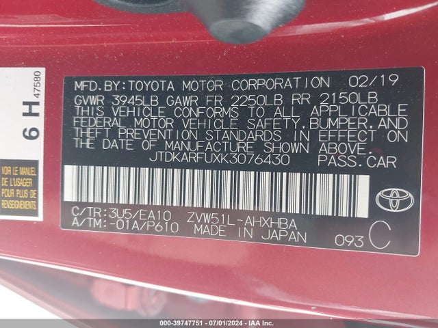 Toyota PRIUS XLE 2019 JTDKARFUXK3076430 Image 9