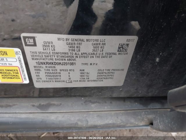 1GNKRHKD9HJ291981 Chevrolet Traverse 2lt