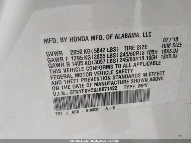 5FNYF6H56JB071422 Honda Pilot Ex-l