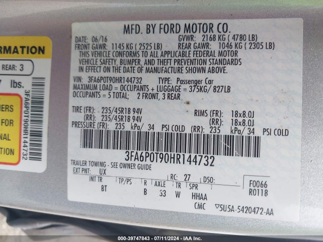 Ford FUSION SE 2017 3FA6P0T90HR144732 Image 9