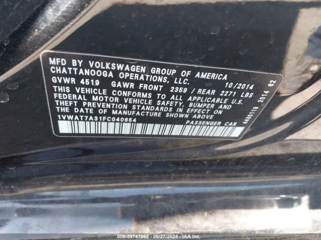 1VWAT7A31FC040654 Volkswagen Passat 1.8t S