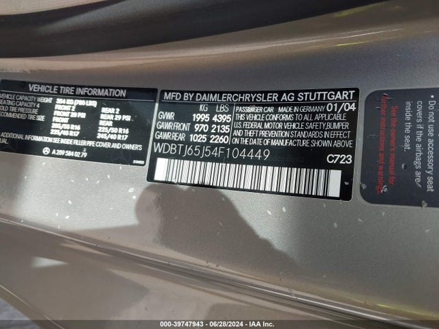 39747943 :رقم المزاد ، WDBTJ65J54F104449 vin ، 2004 Mercedes-benz Clk 320 مزاد بيع