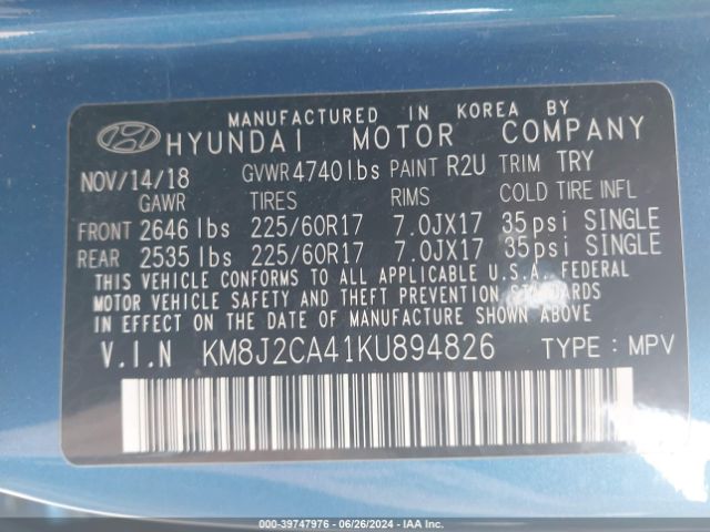 KM8J2CA41KU894826 Hyundai TUCSON SE