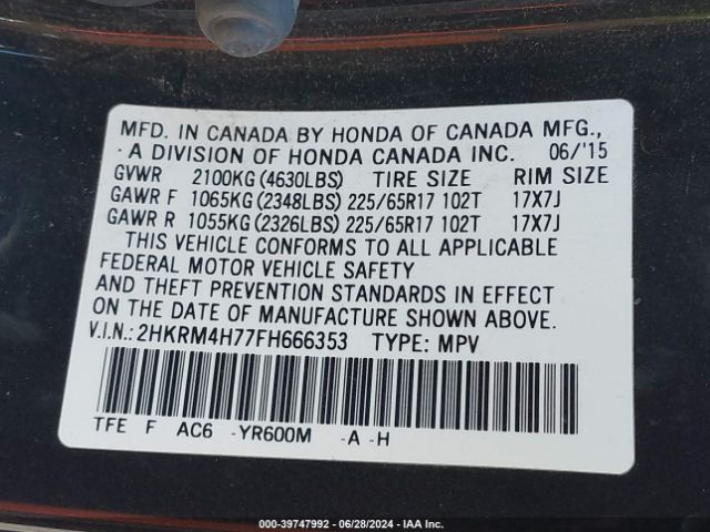 2HKRM4H77FH666353 Honda Cr-v Ex-l