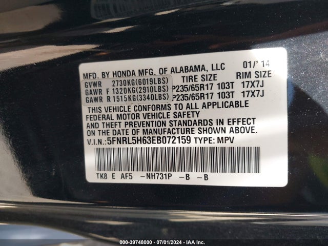 Honda Odyssey Ex-l 2014 5FNRL5H63EB072159 Image 9