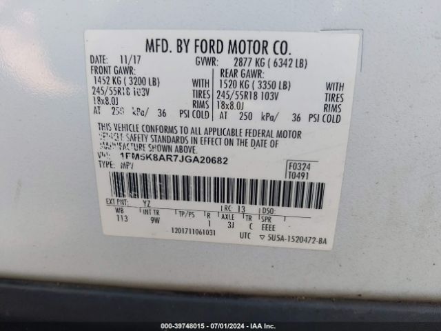 1FM5K8AR7JGA20682 Ford Police Interceptor Utility