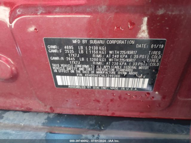 4S4BSAFCXK3290366 Subaru Outback 2.5i Premium