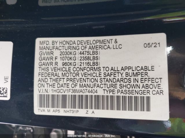 1HGCV1F38MA074404 Honda Accord Sport