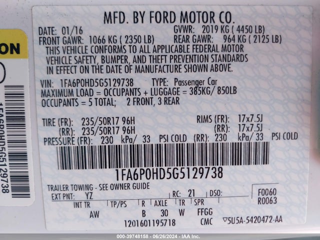 Ford FUSION SE 2016 1FA6P0HD5G5129738 Image 9